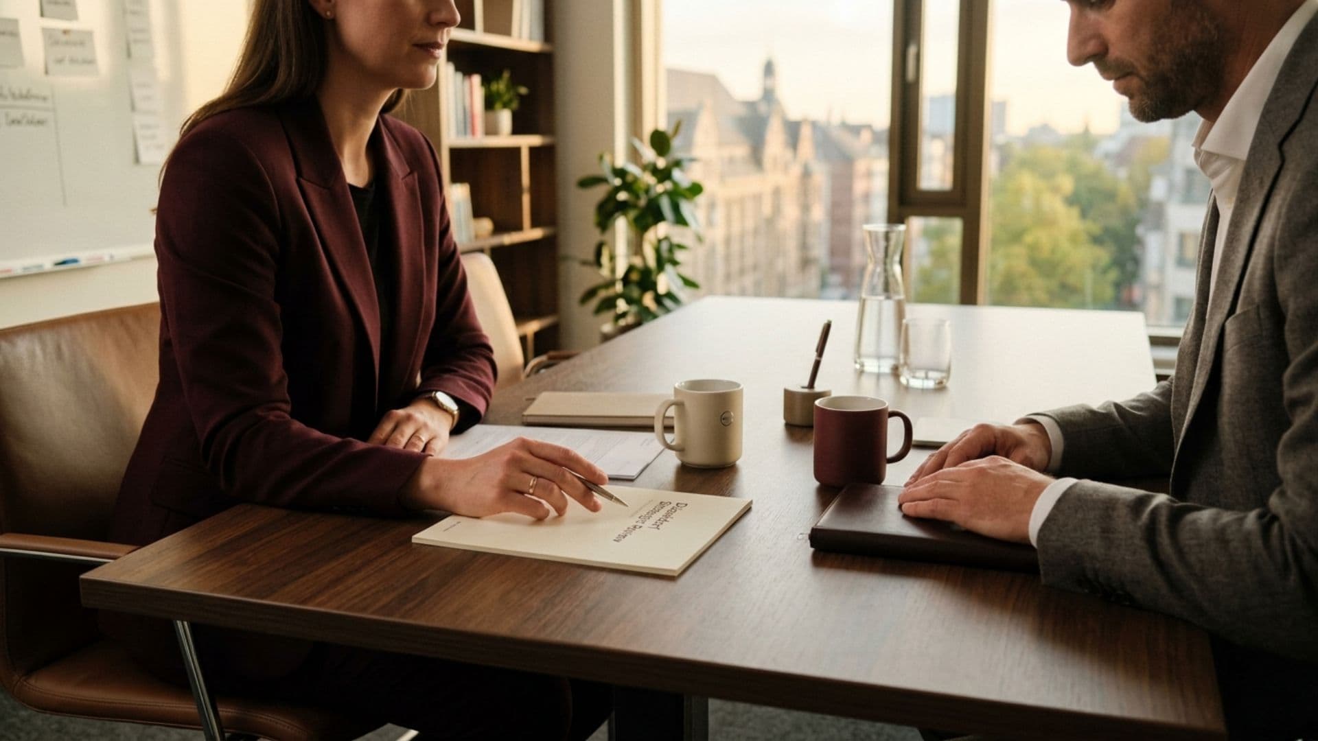 Zwei Personen im professionellen Gespräch über einen Tisch — Gehaltsverhandlung, warme professionelle Atmosphäre