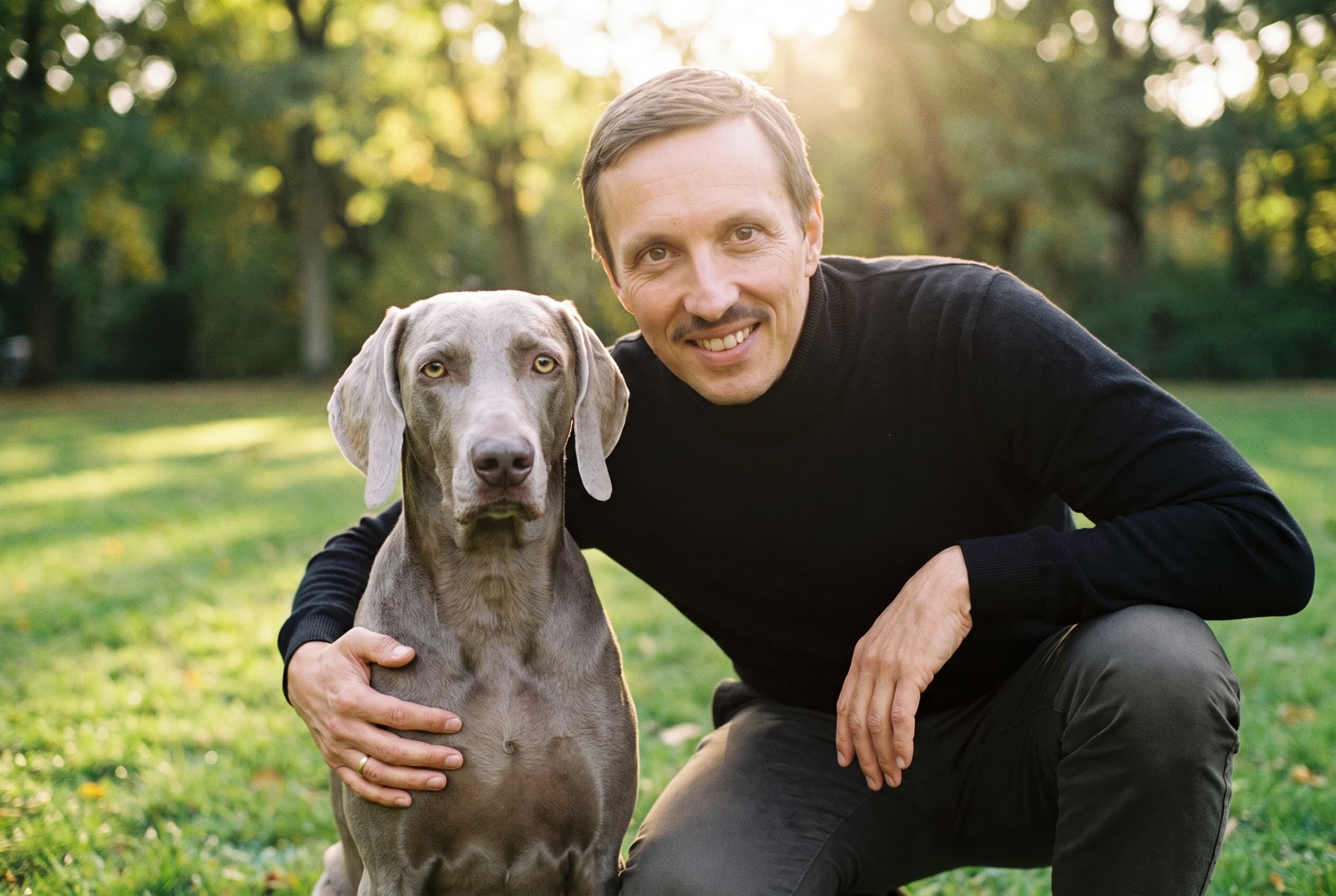 Christian mit seinem Weimaraner im Park